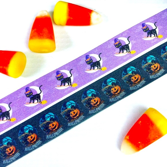 Other - Black Cat Riding Broomstick, Halloween Scene, Washi Tape Set of 2